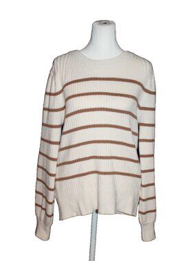 Miracle Sweater Wide Ribbed Knit Cream Brown Stripe Women's Size Large L NEW